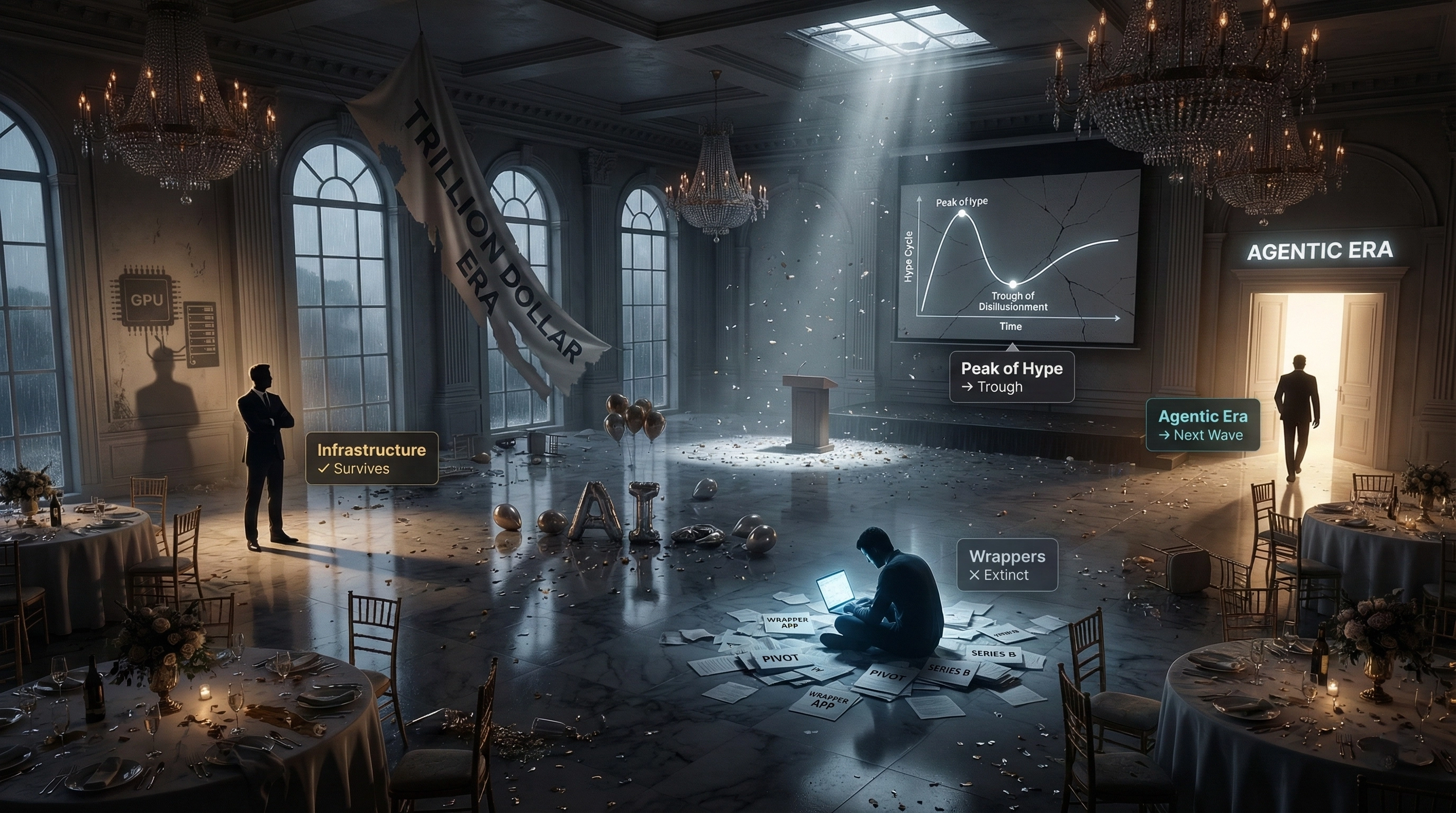 Illustration of the AI hype bubble bursting above data centers and energy infrastructure, representing the 2026 shift from AI hype to sustainable infrastructure and agentic systems.