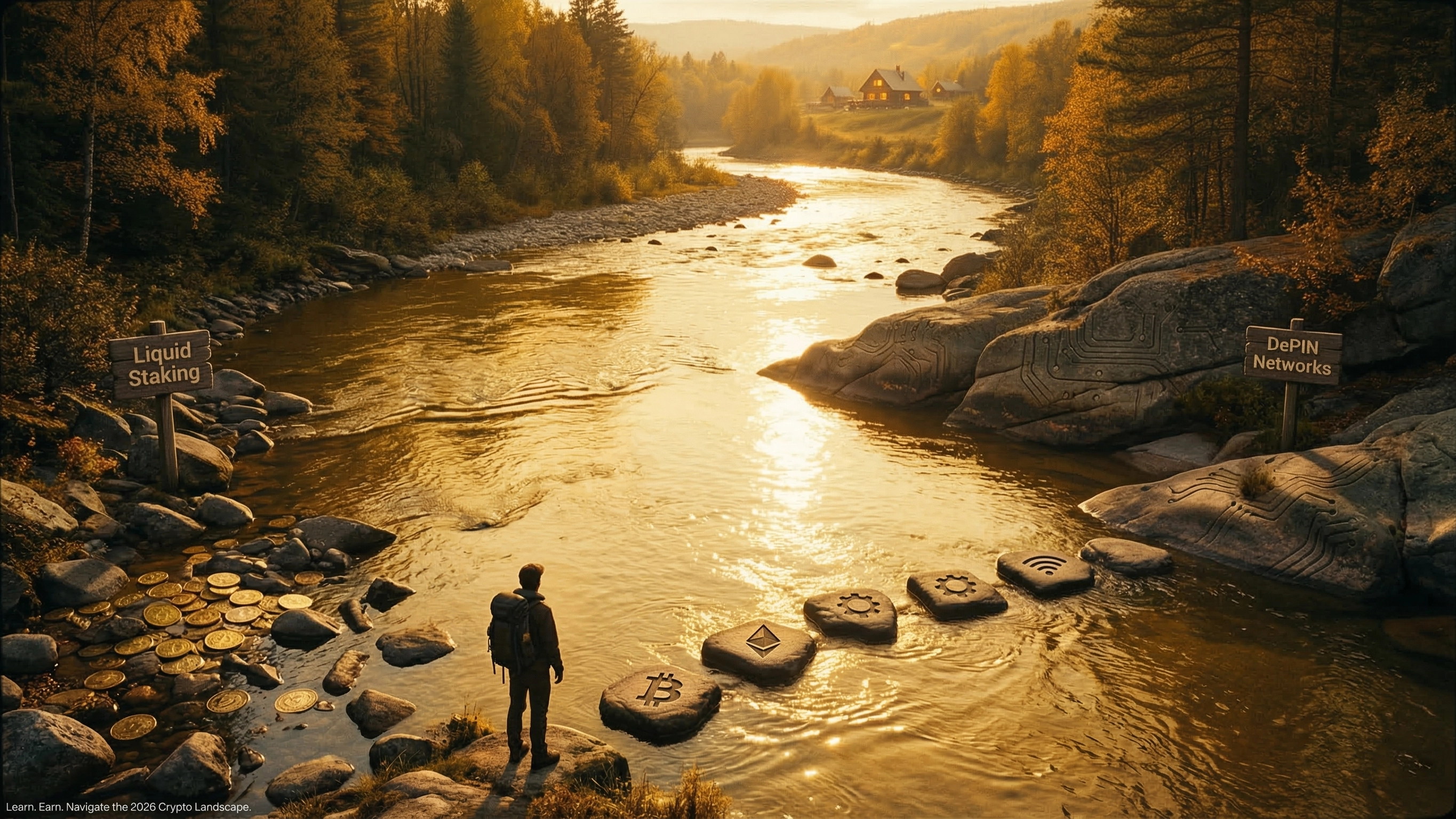 Aerial golden hour photograph of a honey-gold river 
winding through autumn landscape with crypto stepping 
stones and a distant glowing settlement representing 
the 2026 cryptocurrency learning and earning journey