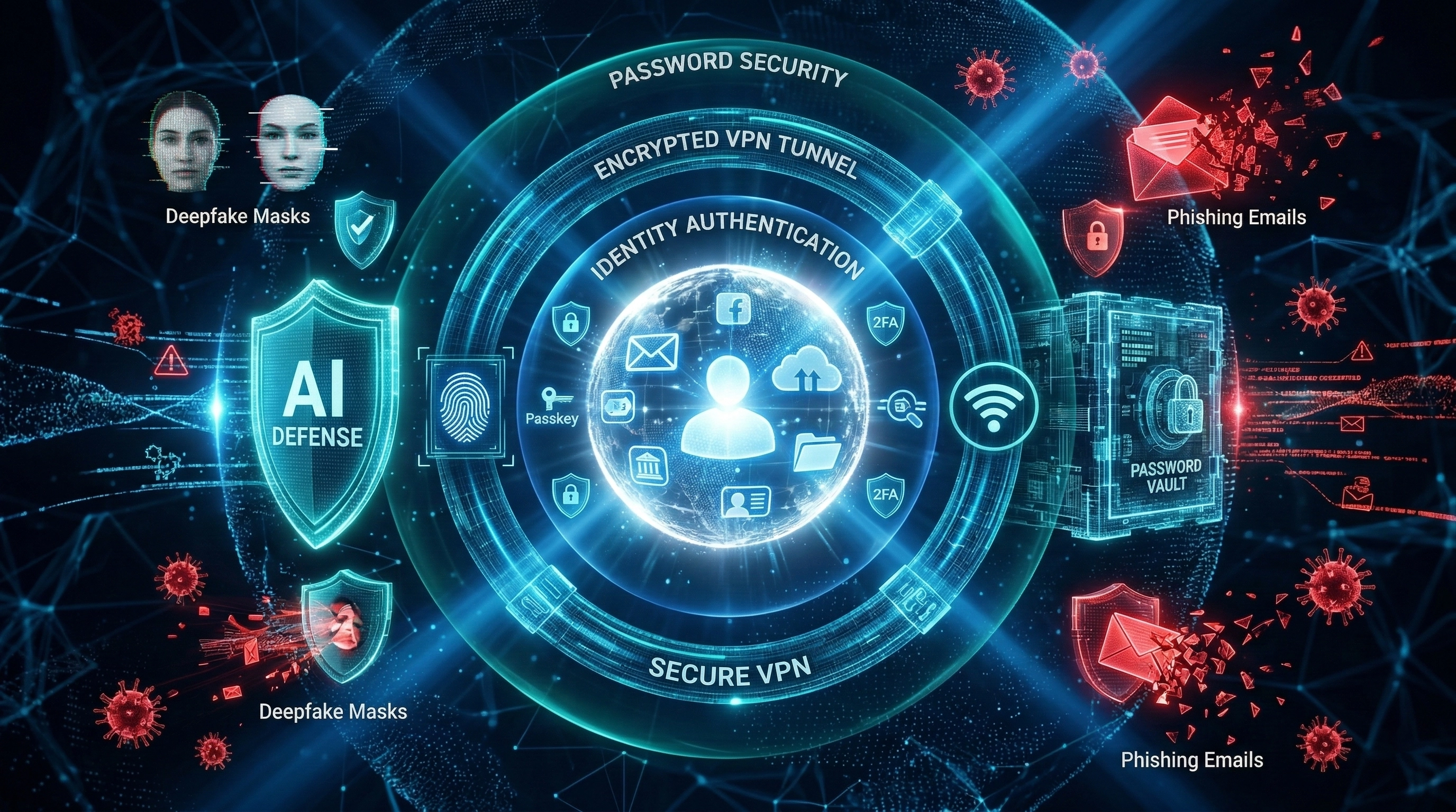 Illustration of personal cybersecurity protection showing layered defenses like 2FA, VPN encryption, password managers, and protection against AI deepfake threats