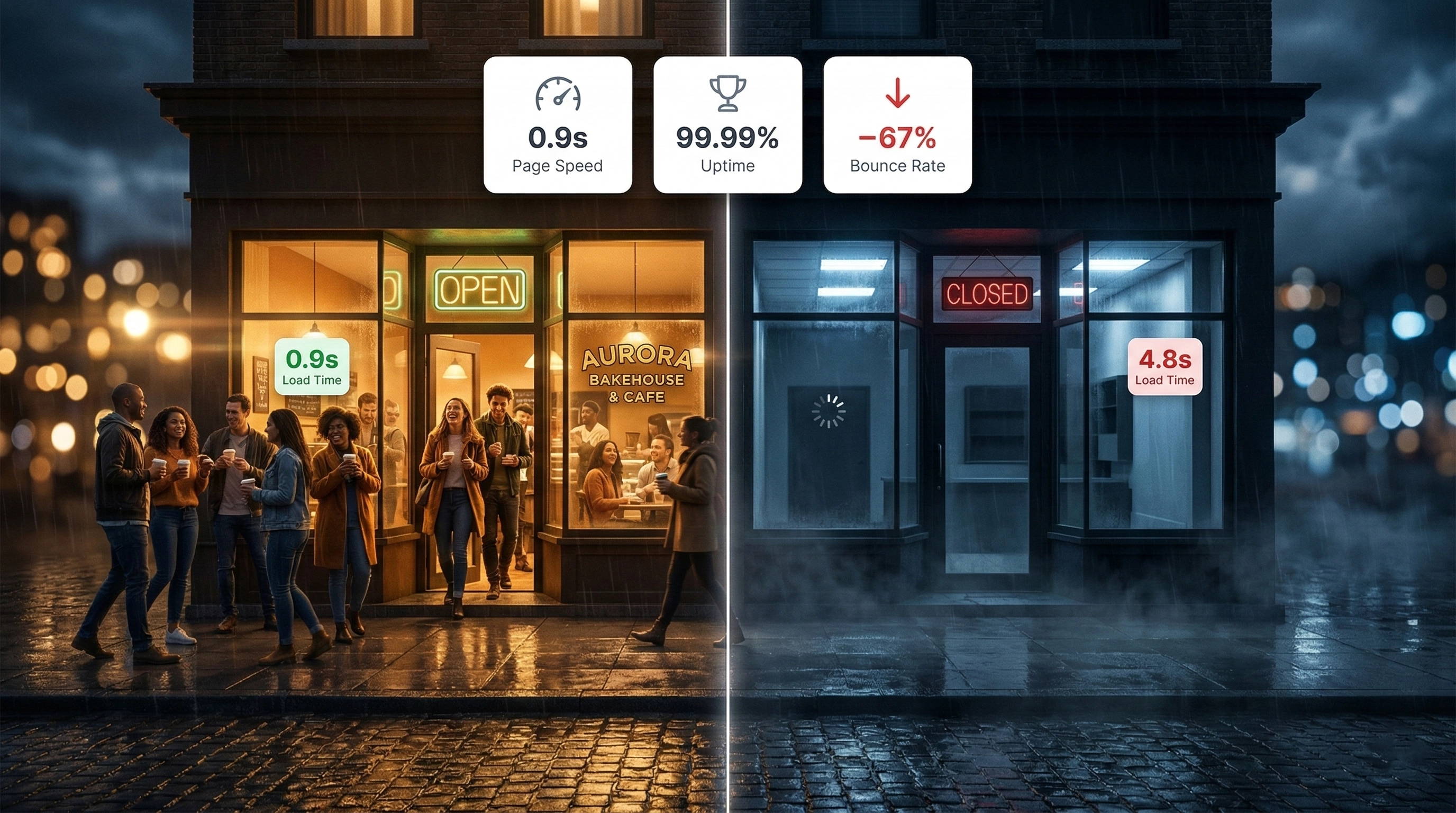 Split-screen comparison of fast vs slow web hosting showing a busy small business storefront with 0.9s page load time versus an empty store with slow 4.8s load time.